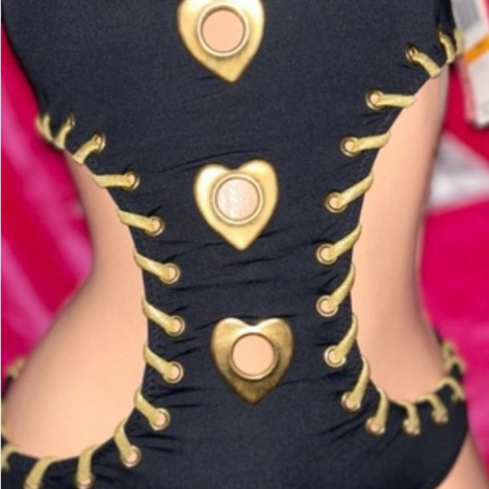 Betsey Johnson Black monokini one piece swimsuit bodysuit  gold heart vintage S